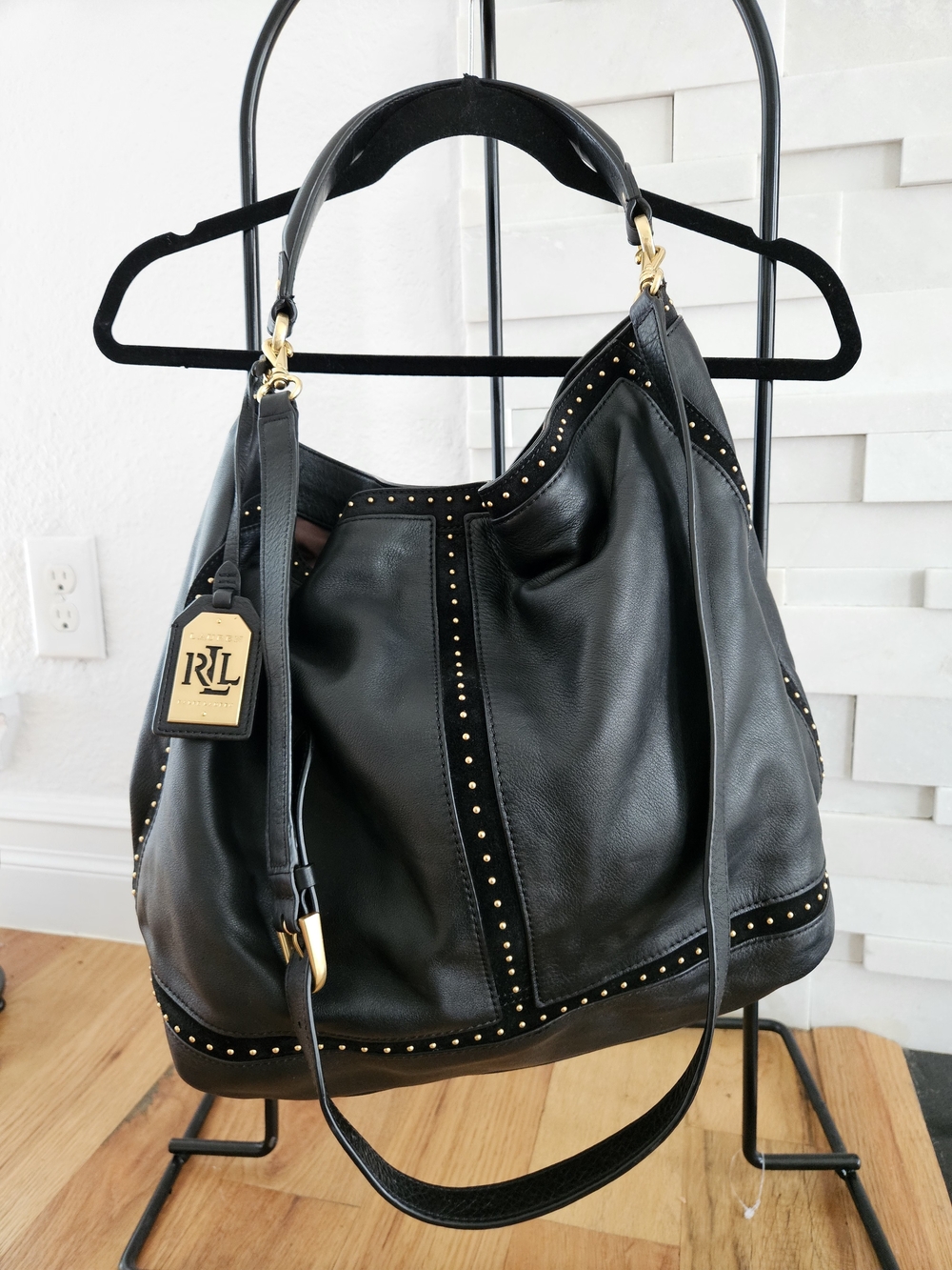 Ralph Lauren Black Leather Stud-Trim Shoulder Hobo - Picture 3 of 10